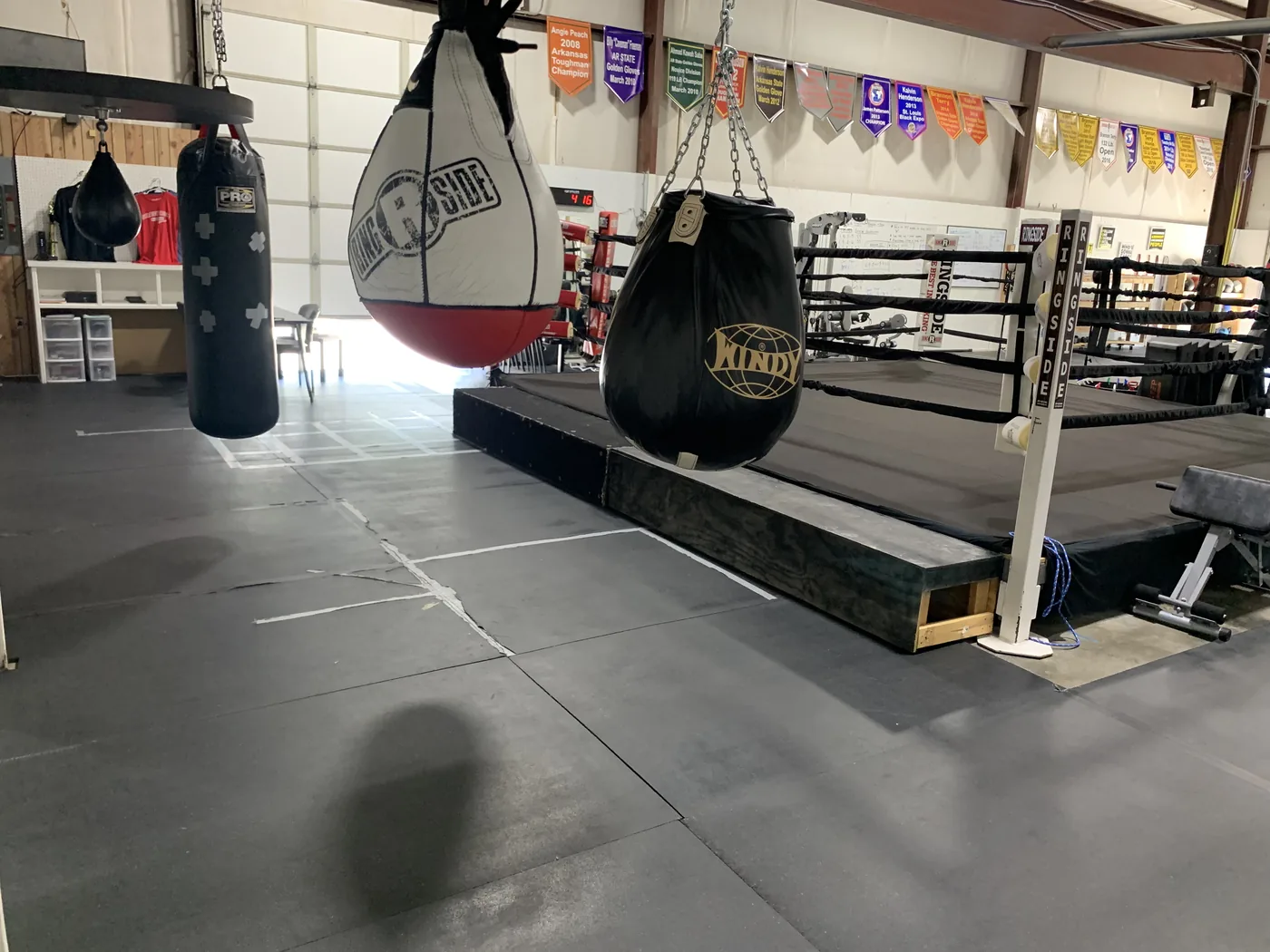 A speed bag and heavy bag hanging near the boxing ring